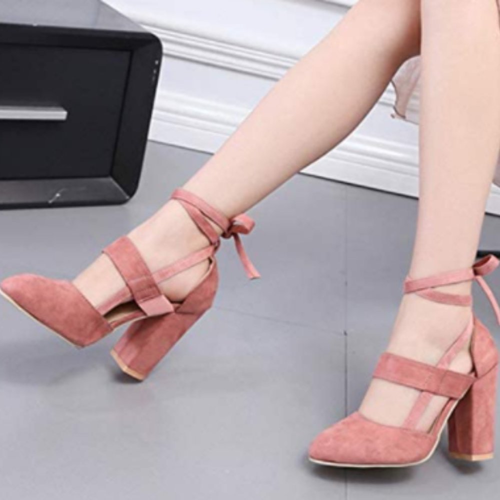 FSJ Pink Mary Jane Suede Ankle Strap Chunky Heel